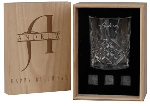 Personalised Monogram Whisky Gift Set with Engraved Wooden Box, 3 Whisky Stones, Tumbler Glass, Any Occassion