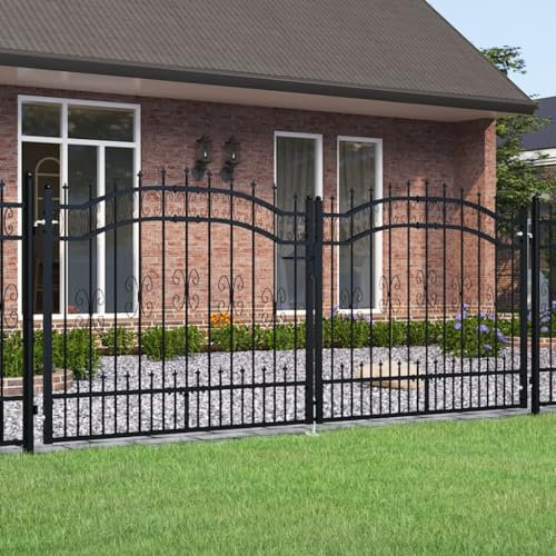 Brokky Fence Gate with Spear T O P Black 305x173 cm Powder-coated Steel-Garden Gates High galvanised wrought iron metal swing gate