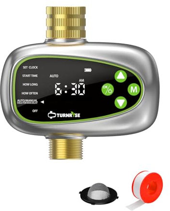 TURNRISE Programador Riego con Entrada y Salida de Latón, Programador de Riego Automatico con Retraso por Lluvia/Riego Manual, Temporizador de Riego a Pilas para Jardín, Césped