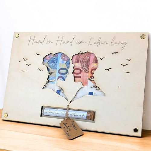 Geldgeschenk Hochzeit Brautpaar aus Holz | Einzigartiges Hochzeitsgeschenk für Brautpaar | Paargeschenk | Hochzeits-Geldgeschenk | Flitterwochen-Geschenk | Personalisierbar im Reagenzglas