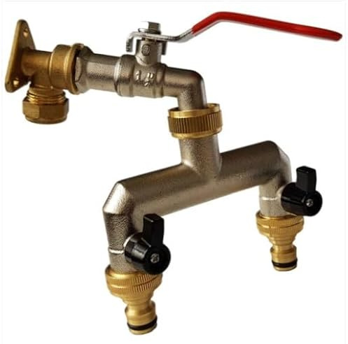 15mm Brass Wall Flange Kit with Lever Tap + Quick Connect Metal Splitter - to Easily Create a New Garden Outlet from Your Copper Pipe Water line.
