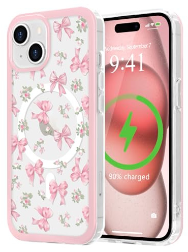 LCHULLE Coque pour iPhone 15 Magnétique Transparent,Noeud Rose | Compatible avec MagSafe,Housse avec Motif Fraises ou Nœuds,Étui Silicone pour Femme et Fille,Antichoc Coque Protection