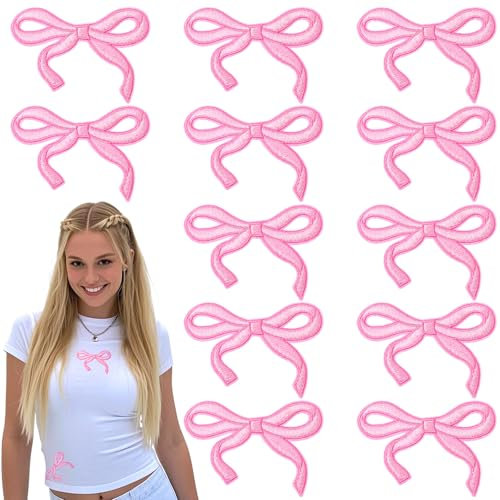 Tyqour 12PCS Iron on Patches for Clothing Pink Bow Small Cute Bow Embroidery Patches for Jackets, Hats, Bags, DIY Crafts