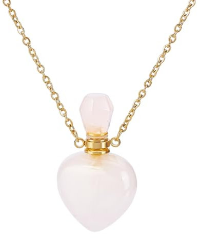 PH PandaHall Collier Flacon de Parfum en Quartz Rose Naturel Collier Diffuseur D'Huiles Essentielles en Forme de Cœur en Cristal de Quartz Véritable Chaîne Dorée Bijoux D'Été pour Femmes Rose 1 pc