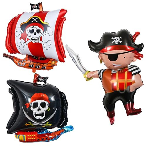 Gleemix Piraten Deko Folienballons, Piratenschiff Piraten Luftballons 3 Stück, Piraten Party Dekorationen, Skelett Muster Party Piratenballons für kindergeburtstag Halloween, Nautisches Thema