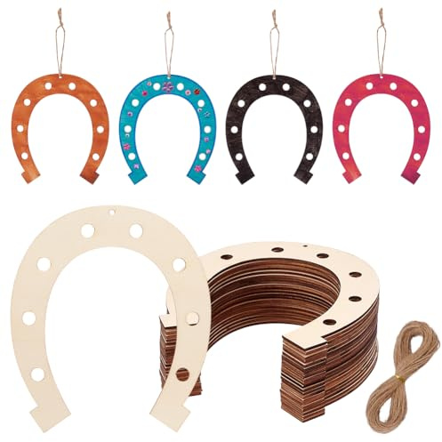PH PandaHall 24 Stück Unfertige Hufeisenausschnitte Aus Holz Holz Hufeisen Chips Mit Jute Kordel Blanke Hufeisenscheiben Für Weihnachten Western Cowboy