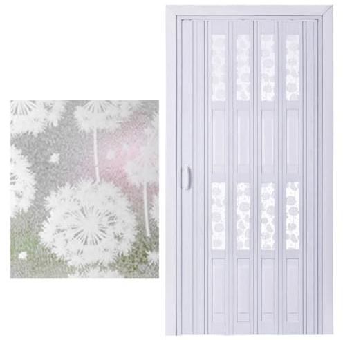 Porta pieghevole in PVC con motivo a dente di leone in acrilico satinato, porta scorrevole interna a soffietto bianca, porta divisoria temporanea per doccia e bagno (56x80 pollici (142x203 cm))