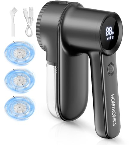 Homtronics Fusselrasierer Elektrisch mit LED-Licht, 9000 U/min, Schwarz | Fusselrasierer mit LED-Digitalanzeige, 3 Einstellbaren Leistungsstufen, 3 Austauschbaren Klingen für Pullover, Mäntel, Decke