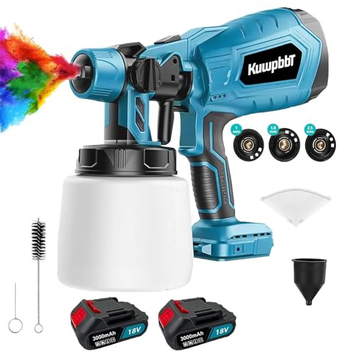 Farbsprüher für Farbe HVLP 500W,Neues Upgrade Farbsprühsystem，Kabellos Elektrischer Sprühgerät mit 1200ML Tank, 3 Düsen & 3 Sprühmuster, Einstellbarer Durchfluss, mit 2*3000mAh Akku & Ladegerät （blau）