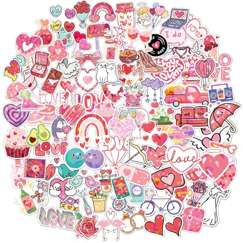 100 Stück Valentinstag Aufkleber, Love Stickers,Romantische Herz Motive aus wasserfestem Vinyl - Liebe Sticker für Laptop, Handy, Koffer, Trinkflasche & Scrapbooking