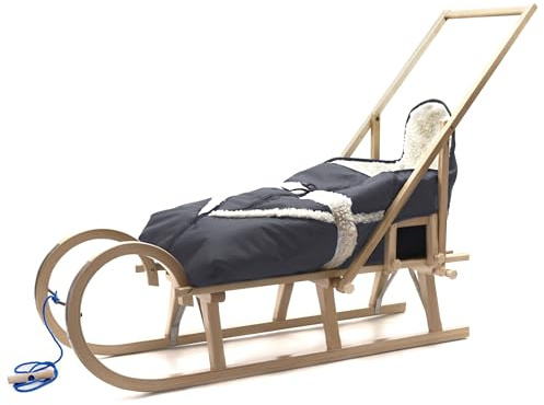 HolzFee Babyschlitten Hörnerschlitten Holzschlitten Baran Baby 120 mit Lehne Schieber Alaska Schlittensack mit Farbauswahl (Grafit)