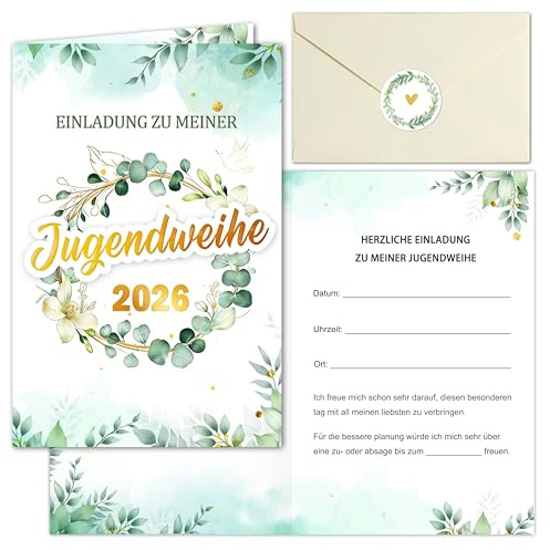 Dercylele 12 Jugendweihe Einladungskarten mit Umschlägen Aufkleber,Einladungskarten Jugendweihe Mädchen Junge, Einladung für Jugendfeier Party