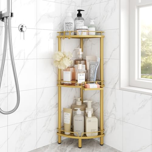 ELYKEN Corner Shower Caddy Standing, 3 Tier Metal Shower Organizer, Gold | Stainless Steel Shower Shelves with Soap Holder, Adjustable Feet & 2 Hooks for Storing Bath Essentials in Bathroom corner