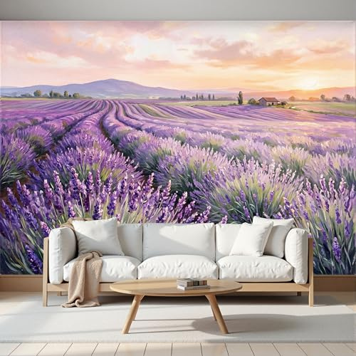 Campos Lavanda Papel Pintado Fotomurales Para, Estilo Pintura Óleo Papel Tapiz Pintado En Tejido de seda - Pared Moderna, Morado Claro Murales Fotográficos Decorativos - 450 x 315 cm