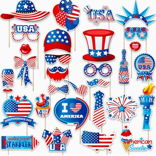 4. Juli Unabhängigkeitstag Foto Requisiten, Amerika Deko Fotobox Accessoires, Party Foto Booth Requisiten Dekoration für USA Deko USA Flagge Geburtstagsdeko Party Dekoration Zubehör