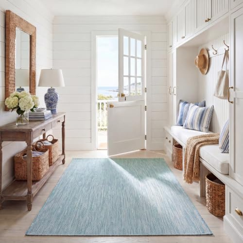 SAFAVIEH Outdoor Area Rug 5'3x7'7 - Courtyard Collection - Coastal Design, Aqua & Grey, Durable & Easy Cleaning, Ideal for Patio, Entryway, Mudroom, Backyard (CY8022-37121)