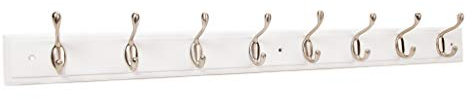 Keypak Wall Mounted Coat Rack - 8 Double Satin Nickel Hooks on Ridged White Board - 84cm Wooden Hookrail for Clothes, Bedroom, Entryway, Cloakroom