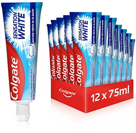 Colgate Zahnpasta Sensation White 12x75 ml – zahnschmelzschonende Entfernung von Oberflächenverfärbungen –Zahnaufhellung für anhaltend weiße Zähne