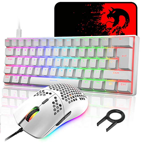 LexonElec Verkabelte 60% mechanische Gaming-Tastatur mit UK-Layout,blauem Schalter,Mini-62-Tasten,Typ C,RGB-Hintergrundbeleuchtungseffekten,leichtem 6400 DPI,großem Mauspad Weiß