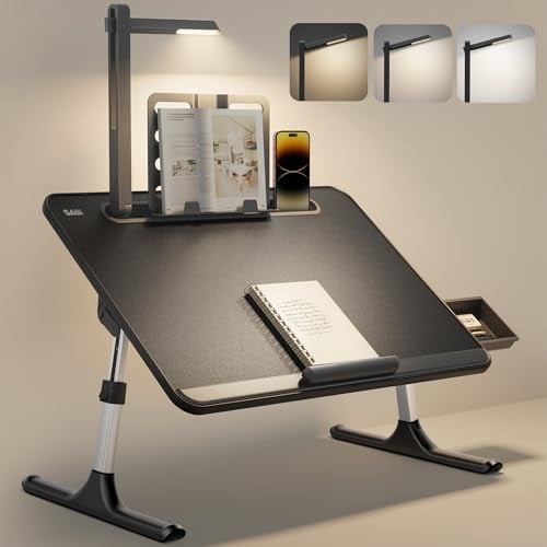 Tisch Bett Laptoptisch, SAIJI Bett Tisch mit LED Lampe, Höhen Winkel verstellbar, mit Buchständer, Schublade, Lap Stopper, Tablet Schlitz, Schlittenbeine