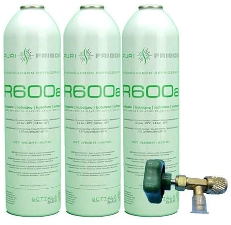 Reporshop - Kit de Recharge Réfrigérant - 3 Bouteilles de 420 g de Gaz Réfrigérant R600a - Valve de Service - Compatible dvec Réfrigérateurs, Armoires Froides, Congélateurs... - Outils Frigoriste
