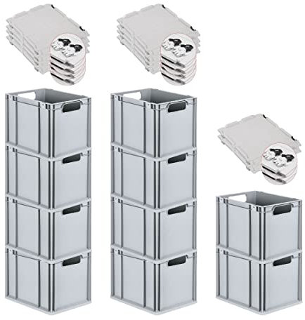 PROREGAL SuperSparSet 10x Eurobox NextGen Economy mit Scharnierdeckel & schwarzen Verschlüssen | Griffe offen | HxBxT 32x30x40cm | 30 Liter | Eurobehälter Transportbox Transportbehälter Stapelbehälter