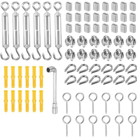 PATIKIL 6 x M5 Turnbuckle Tension with Eye & Hook, 12 x M3 Wire Rope Cable Clips, 12 x M3 Thimble, 24 x Crimping Sleeves, 1/8 Inch Stainless Steel Kit for Garden Outdoor