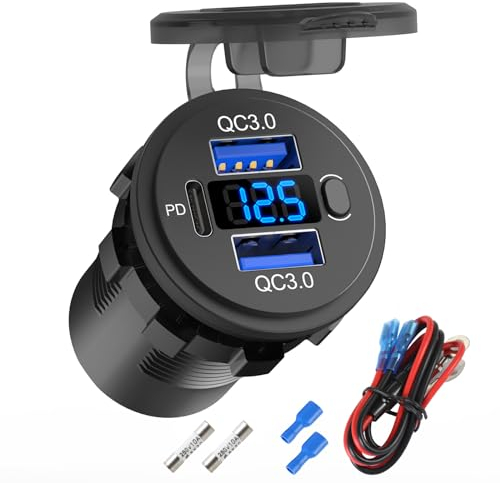 Toma USB de 12 voltios Doble Puerto de Carga rápida 3.0 y PD3.0 USB C Car Charger Socket, Enchufe Impermeable de 12V para mechero Kit DIY con voltímetro e Interruptor para Coche Barco RV camion