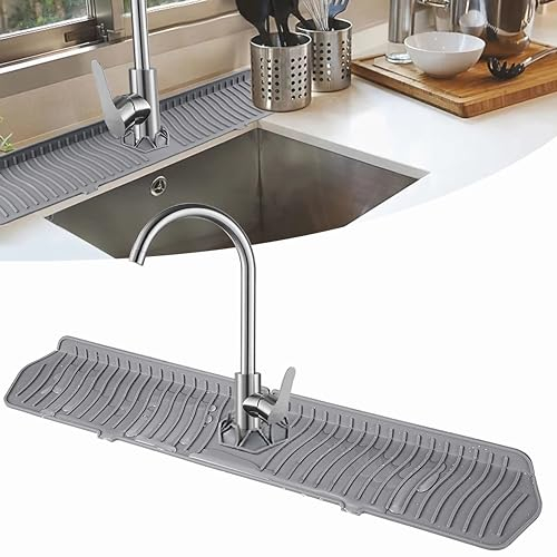 FOSFUKEER Paraspruzzi per lavello da Cucina, Tappetino per Rubinetto, Tappetino di Scarico in Silicone Lungo 61 cm, Tappetino per Asciugatura Multiuso, Protezione per Piano di Lavoro (Grigio)