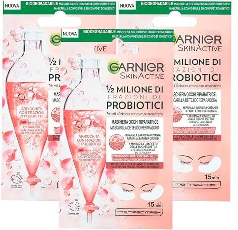 Garnier SkinActive Augenmaske zur Reparatur 1/2 Millionen Fraktionen von Probiotika für alle Hauttypen, minimiert feine Falten aus biologisch abbaubarem Stoff - 3 Packungen mit je 1 Anwendung
