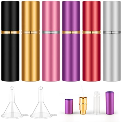 Domensi 6 Pcs Lipstick Flask 0.17 oz Fake Funny Lipstick Flask Portable Leakproof Drinking with 2 Funnels for Party Gifts, Cruise Activities, Pink, Purple, Black, Gold, Silver and Red
