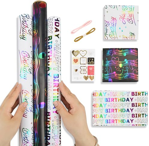 OdiuK 3 Rolle Geschenkpapier Regenbogen Glitzernde Geburtstag Papier für Geschenke mit Aufkleber Farbband, 43cmx3m Kraftpapier Regenbogenfarben Geschenkverpackung Papier für Kindertag Vatertag