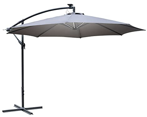 CCYENG Sonnenschirm für Strand und Terrasse, 3 m, LED-Bananenschirm, Ampelschirm mit Kurbelfuß, Grau