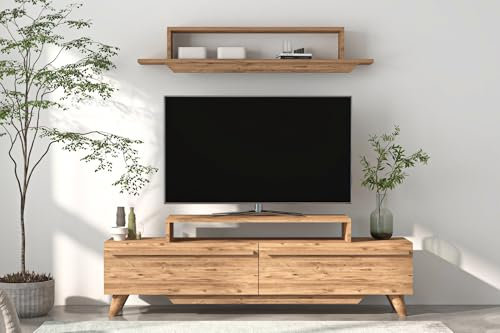 Hanah Home Stylish TV Unit with Wall Shelf, Atlantic Pine, 150 cm x 49 cm x 31 cm | 100% Melamine Coated Particle Board, 18 mm Thick | Modern Design for Living Room