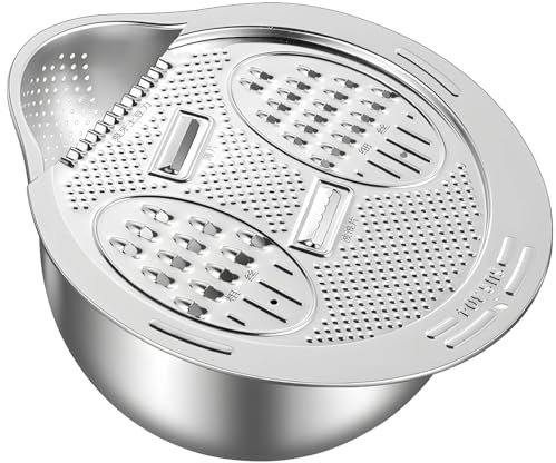 Multipurpose Stainless Steel Rice Strainer with Grater, 304 Steel Colander Bowl for Quick Draining & Food Prep