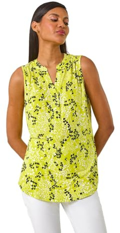 Roman Originals Sleeveless Shirt for Women UK Ladies Vest Tank Top Summer Smart Blouse Stretchy Jersey T-Shirt Casual Spring Holiday Party Beach Vacation Notch Neck - Lime - Size 12