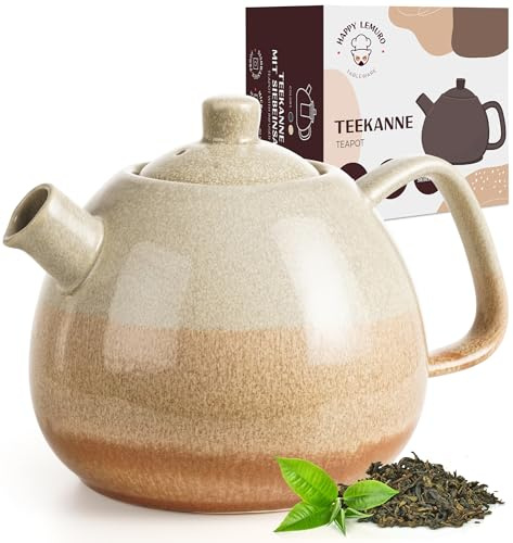 Happy Lemuro Große Teekanne mit Siebeinsatz - 1,4 l - Teekanne Keramik - moderne Tee Kanne mit Sieb für losen Tee, robust & aromaneutral (Beige)