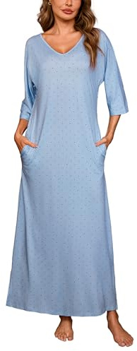 Uniexcosm Long Nightdress for Women Nightgowns 3/4 Sleeve Cotton Nighties Baggy Ladies Nightshirts with Pockets Plus Size Sleep Dress Nightwear Loungewear Sleepwear S-XXL Light Blue