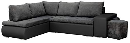 Ecksofa mit Zwei Hocker Sofa Eckcouch Couch mit Schlaffunktion und Bettkasten Ottomane L-Form Schlafsofa Bettsofa Polstergarnitur - 265x280x88cm - BELGRAD (Ecksofa Links, Dunkelgrau + Schwarz)