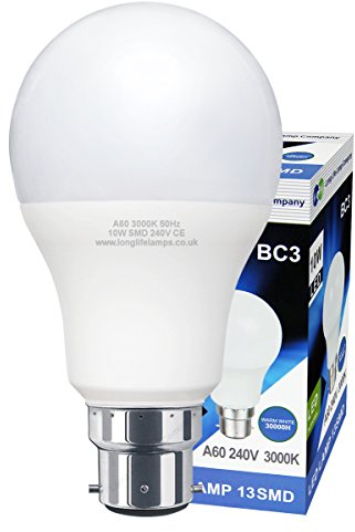 Long Life Lamp Company 3 Pin BC3 Light Bulb LED 10w Energy Saving Non Dimmable 240v 3000k Warm White High Brightness