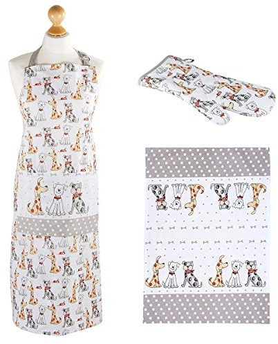 Dog Apron and Oven Glove Set with Matching Tea Towel - Kitchen Gifts for Women and Men Dog Lovers