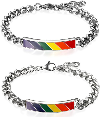 JewelryWe Valentinstag Schmuck 2pcs Regenbogen Panzerkette Armband mit Gravur Partnerarmband Paare Ambänder aus Edelstahl Homosexuell LGBT Gay & Lesbian Pride Pärchen Armreifen für Herren Damen