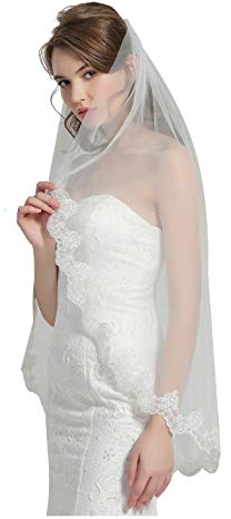 BEAUTELICATE Brautschleier Schleier Spitzenborte Für Braut Hochzeit Softtüll Weiß Ivory Lang Kurz Mit Metall Kamm 1 Schicht V82