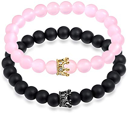Feilok Charm Couple King & Queen Crown Armbänder Freundschaft Armbänder 8mm Perlen Bangle Strech Armband Partnerarmbänder BFF Ketten für 2 Mädchen 2er Set Gold Strech Schmuck Set