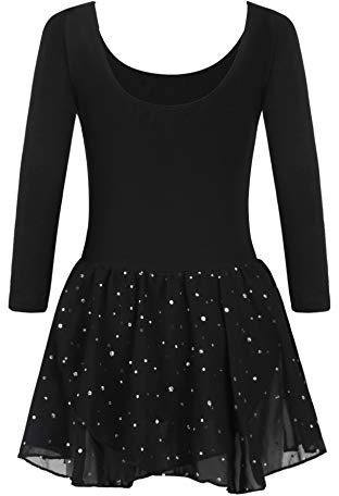 trudge Mädchen Ballettkleidung Ballettkleid Kinder Langarm Baumwolle Balletttrikot Ballettanzug Tanzkleid Tanzbody mit Rock Tütü, A Schwarz, 130