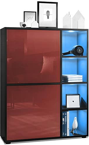 Vladon Highboard Schrank Anrichte Cuba mit 8 Fächern, Made in Germany, Korpus in Schwarz matt/Fronten in Bordeaux Hochglanz, mit RGB LED Beleuchtung