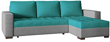 Ecksofa mit Schlaffunktion mit Bettkasten Couch L-Form Polstergarnitur Wohnlandschaft Polstersofa mit Ottomane Couchgranitur - MALABU (Blau + Hellgrau (Dora 85 + Dora 90), Ecksofa Rechts)