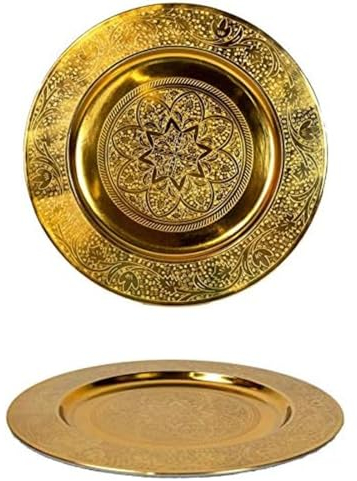 Orientalisches rundes Tablett aus Metall Sidra 30cm | Marokkanisches Teetablett in der Farbe Gold | Orient Goldtablett goldfarbig | Orientalische Dekoration auf dem gedeckten Tisch