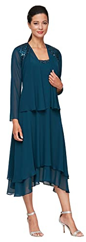 S.L. Fashions Mother of The Bride Dress with Embellished Neckline & Shoulder, Wedding Guest Vestito per Occasioni Speciali, Blu-Verde, 52 Donna