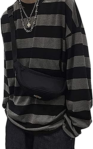 Damen Harajuku Überdimensioniert Streifen Lässig Lange Ärmel Crewneck T-Shirt Tops Grau